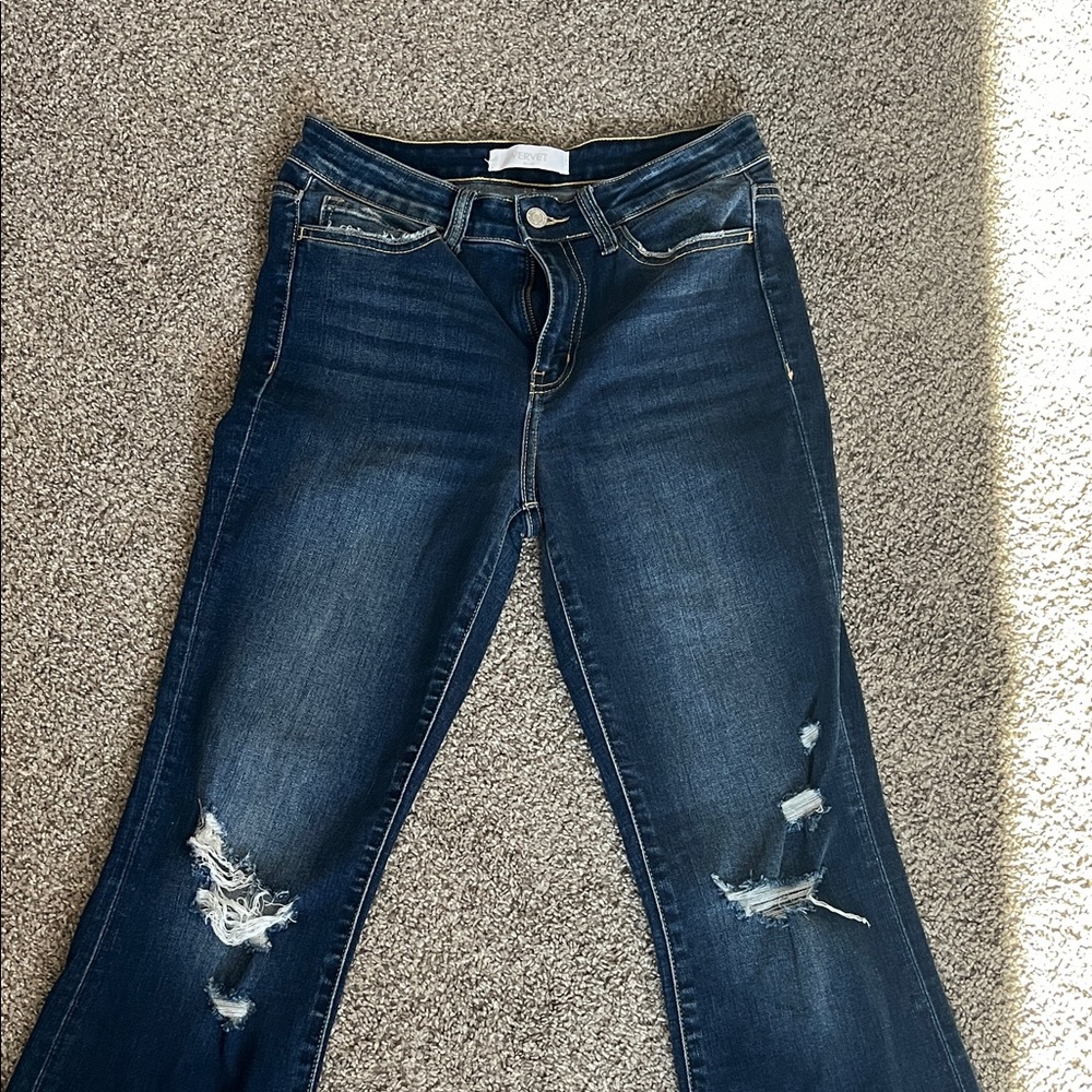 Dark Blue Distressed Flare Jeans